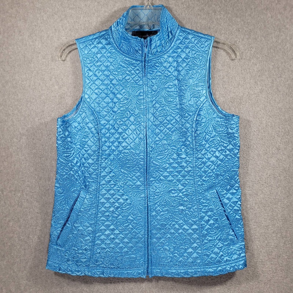 Susan Graver Style Quilted Vest Small Full Zip Pockets Blue Womens